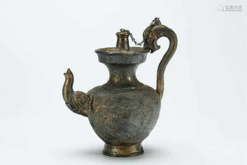 Antique gilt bronze carved wine pot, Tibet, Qing?