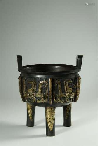 Superb partial gilt bronze tripod censer