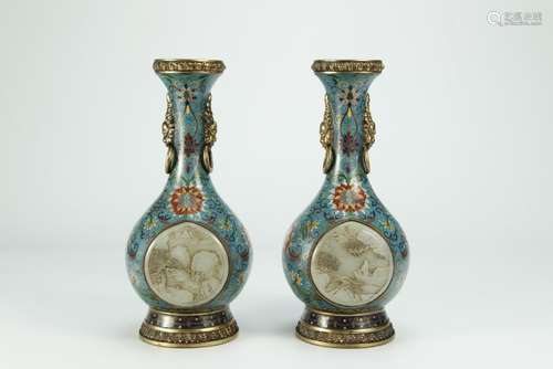 Rare pair white jade inlaid cloisonne vases