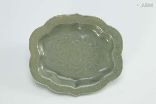 Antique celadon glazed carved floral plate