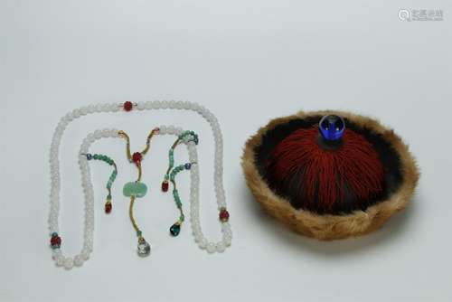 A nice set agate beads court necklace/fur hat