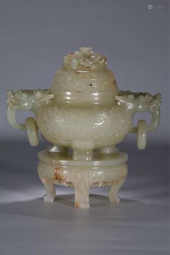 Superb carved celadon jade tripod censer with stand