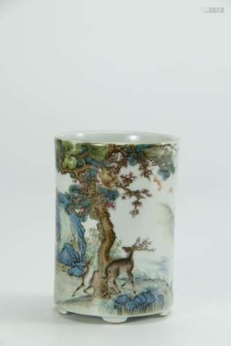 Superb painted famille rose brush pot