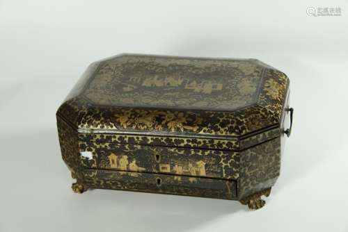 Superb gold painted lacquer sewing box, 19th C.