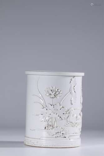 19/20th C. low relief carved biscuit glazed brush pot,