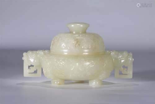 Superb white jade carved tripod censer