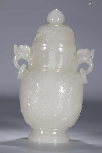 Superb white jade carved covered vase bottle