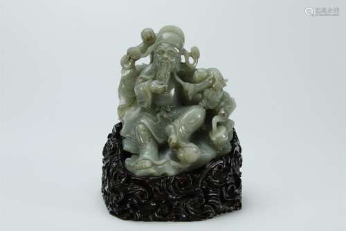 Superb carved celadon jade figure groupe with stand