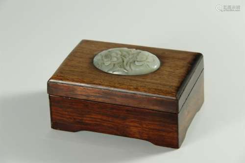 19/20th C. rosewood carved/jade inlaid box