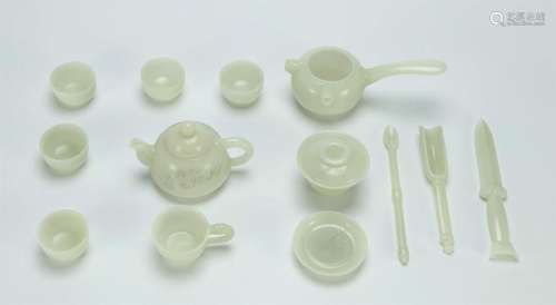 Superb white jade carved Chinese tea set