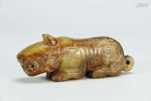 Archaic jade carved recumbent beast figure