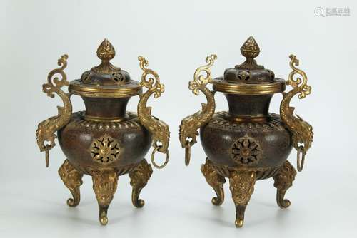 Antique pair gilt bronze dragon handles censers