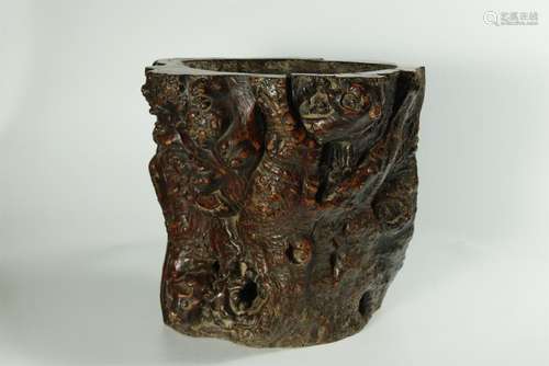 Superb large 19th C. wood's burler carved brush pot