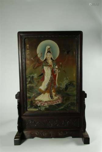 19th C. rosewood framed table screen/painted Guanying