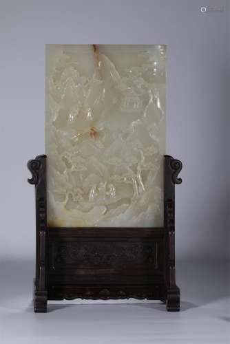 Superb large celadon jade carved screen with hardwood