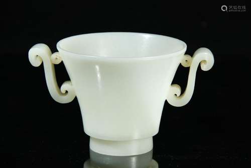 Superb white jade carved two handles cup