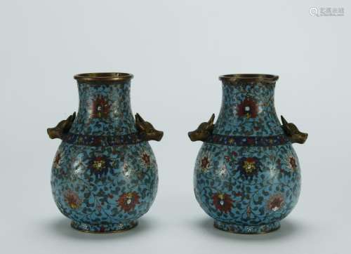 Rare 18/19th C. pair cloisonne vases/cow's head handles