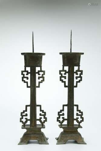 19th C. pair Chinese tin metal candlestick candlesticks