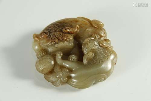 19th C. mottled celadon jade carved beast paperweight