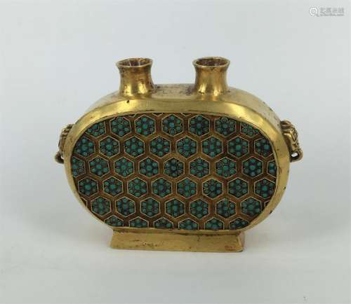 Antique turquoise inlaid gilt bronze vase