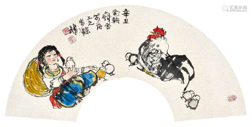 程十发（1921～2007） 1961（辛丑）年作 少女与鸡 扇面 设色纸本