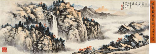 黄君璧（1898～1991 ） 1973（癸丑）年作 云岩飞瀑图 镜片 设色纸本