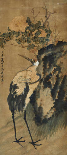 马连良（1901～1966） 1947（丁亥）年作 牡丹仙鹤 立轴 设色纸本