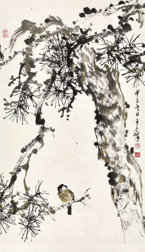孙其峰（1920～） 1984（甲子）年作 松树小鸟 镜片 水墨纸本