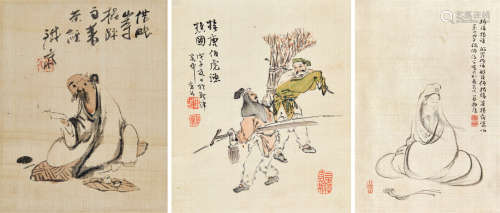 富冈铁斋（1837～1934） 人物小品 （三帧） 立轴 设色纸本
