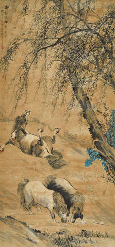 柳滨（1887～1945） 1941（辛巳）年作 柳溪散牧 立轴 设色纸本