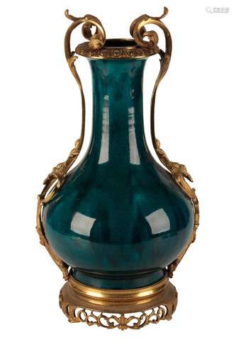 GILT BRONZE MOUNTED CHINESE TURQUOISE GLAZE BOTTLE VASE