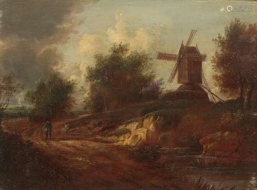 ENGLISH SCHOOL, 19TH CENTURY Figure on a country path beside a windmill