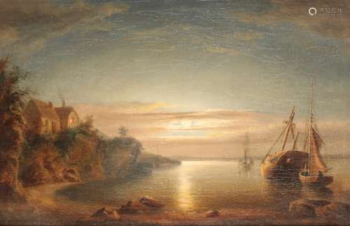 CONTINENTAL SCHOOL, 19TH CENTURY Coastal moonlit scene with boats at anchor