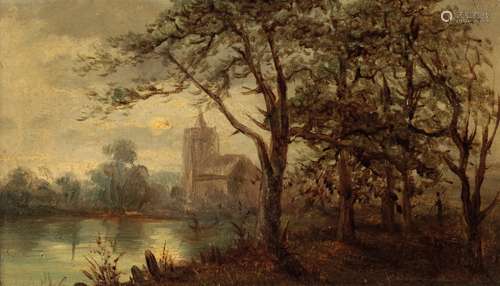 CONTINENTAL SCHOOL, 19TH CENTURY View of a church through trees and over a river