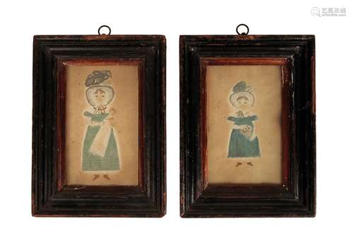 NAIVE SCHOOL, 19TH CENTURY Pair of studies of young girls in dresses and bonnets