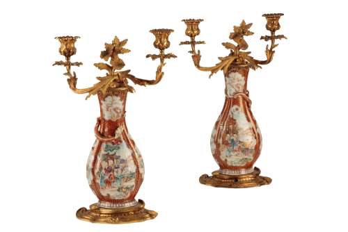 PAIR OF GILT BRONZE MOUNTED CHINESE EXPORT 'MANDARIN' VASES, 18TH CENTURY AND LATER