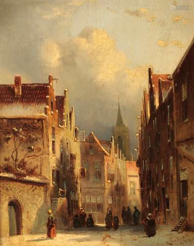 CONTINENTAL SCHOOL Street scene with figures, looking towards a church tower