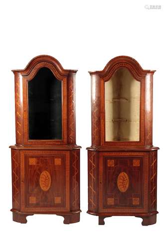 PAIR DUTCH MAHOGANY AND MARQUETRY INLAID CORNER DISPLAY CABINETS