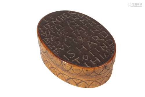 RARE CHARLES II HORN AND CARVED WOOD SNUFF BOX