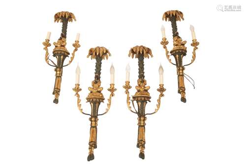 SET OF FOUR CARVED PAINTED-GILTWOOD AND GESSO WALL SCONCES