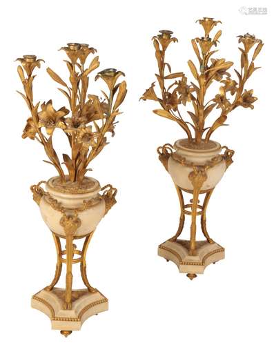 LARGE PAIR OF LOUIS XV STYLE MARBLE AND GILT-BRONZE CANDELABRA