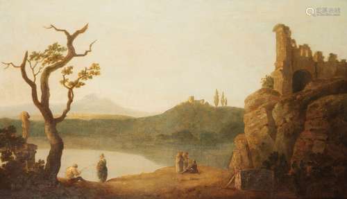 CONTINENTAL SCHOOL Extensive river landscape with figures conversing and fishing