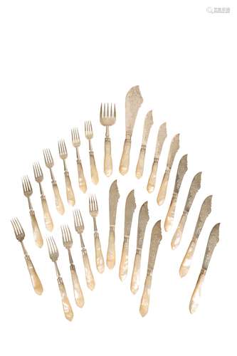 SET OF TWELVE VICTORIAN MATCHED SILVER AND MOTHER OF PEARL HANDLED FISH KNIVES AND FORKS