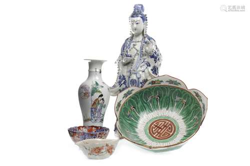 A MID 20TH CENTURY CHINESE FIGURE OF GUANYIN AND OTHER CERAMICS