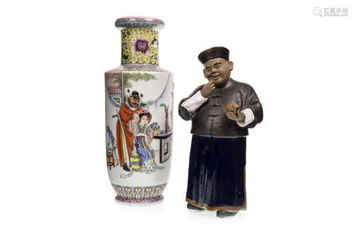 AN EARLY 20TH CENTURY CHINESE VASE AND A FIGURE