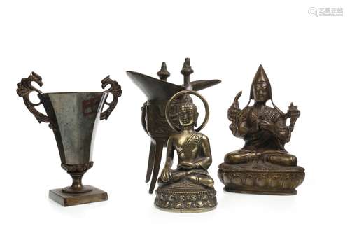 A GROUP OF BRONZED FIGURES AND CUPS