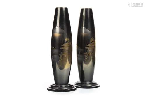 A PAIR OF JAPANESE BRONZE BULLET SHAPED VASES