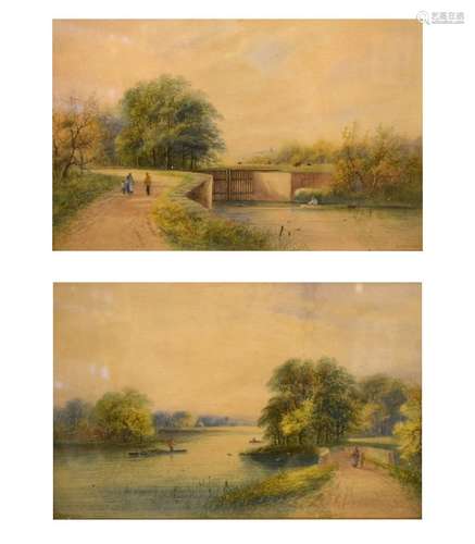 A. Lewis (Early 20th Century) - Watercolours - Pair of river/canal side scenes, both signed and