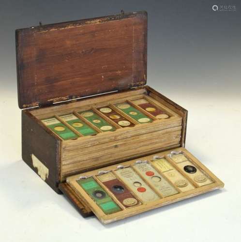 Box of late 19th/early 20th Century microscope slides comprising: five trays of six inscribed slides