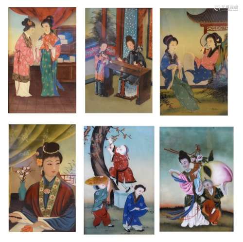 Group of six 20th Century Chinese reverse paintings on glass depicting figures in mainly outdoor